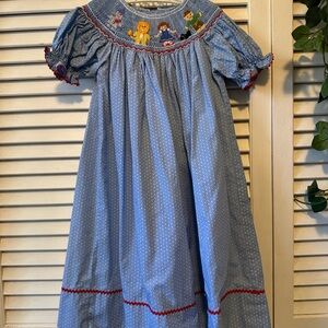 Blue Polka Dot Wizard of Oz Smocked Dress with Red Trim